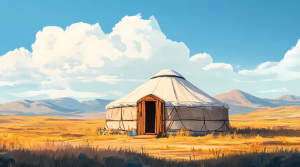 Yurt in the mongolian landscape. Mongolian Steppe Nomads. Illustration