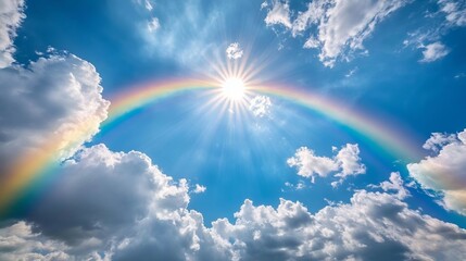 Vibrant Rainbow Arching Across a Clear Blue Sky with Bright Sunshine. AI generated illustration