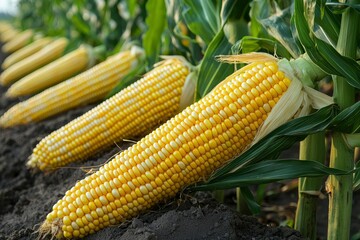 Ripe Yellow Corn Cob with Husk and Leaves in Field