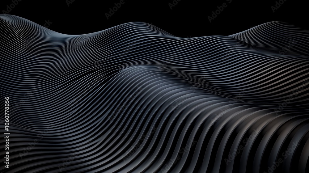 Poster abstract waves in black, showcasing smooth curves and lines, creating a sense of depth and movement 