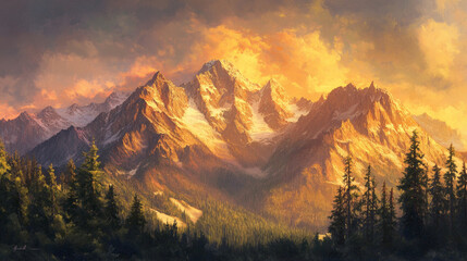 Golden sunset over a mountain range with snow-capped peaks and forested valleys.