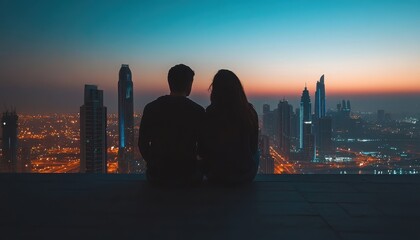 Couple enjoying the sunset view from a penthouse terrace in Dubai