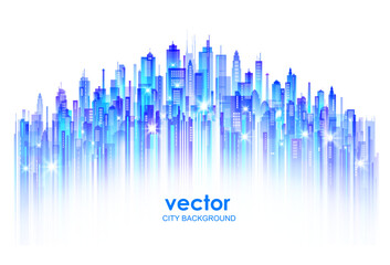 Dynamic abstract illustration of an urban skyline featuring vibrant blue skyscrapers. The design symbolizes modern architecture, city life, and futuristic urban landscapes.