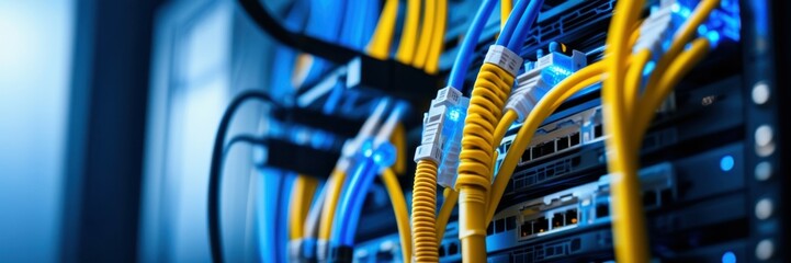 Network switch, fiber optic cables, blinking LED lights, data center equipment, close-up, vibrant colors, blue and yellow illumination, high-tech infrastructure, telecommunications, connectivity, band