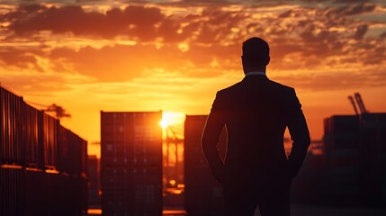Fototapeta premium Silhouette of a businessman standing in front of containers, a warehouse, and a cargo ship at sunset