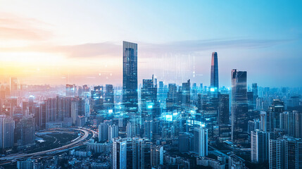 A panoramic view of a modern city at sunset, showcasing the high-rise buildings and intricate road network