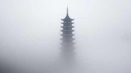 Misty Pagoda Tower Emerging from the Clouds