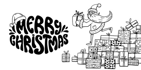Merry Christmas horizontal banner. Funny Santa Claus and many gifts. Hand written Groovy lettering. Festive color doodle background. For invitation, congratulation, web, cards. Vector illustration.