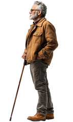 Elderly Man Walking with Cane in Profile View