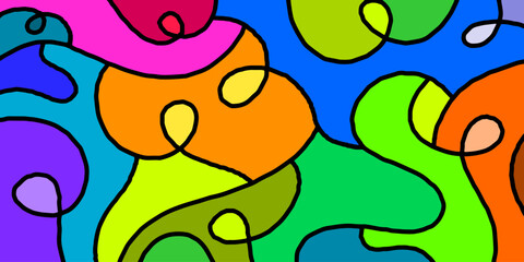 Abstract colorful background with simple hand drawn liquid shapes composition. Fun childish doodle backdrop.