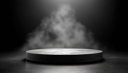 Mysterious stone podium surrounded by fog in a dark studio environment