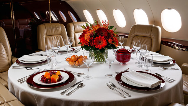 Luxurious private jet dining setup with elegant table setting