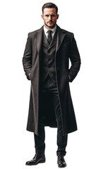 Stylish Man in Long Coat with Hand in Pocket