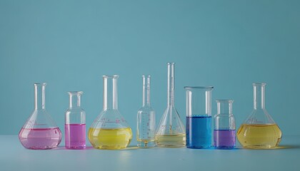 Colorful chemistry lab setup on a blue backdrop with various glassware