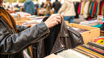 Close-Up of a Hand Browsing Vintage Clothing at a Flea Market, Exploring Textures and Colors of Secondhand Fashion