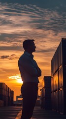 Fototapeta premium Silhouette of a businessman standing in front of containers, a warehouse, and a cargo ship at sunset