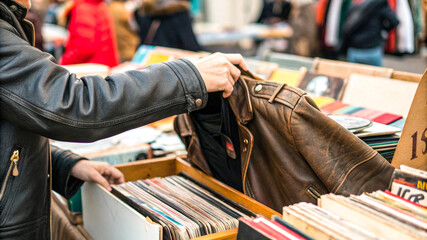 Close-Up of a Hand Browsing Vintage Clothing at a Flea Market, Exploring Textures and Colors of Secondhand Fashion