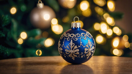 Bola de navidad con adornos dorados en superficie de madera con fondo bokeh de árbol de navidad