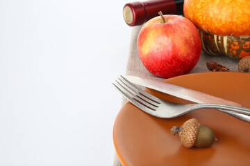 Beautiful table setting with autumnal decor on white background