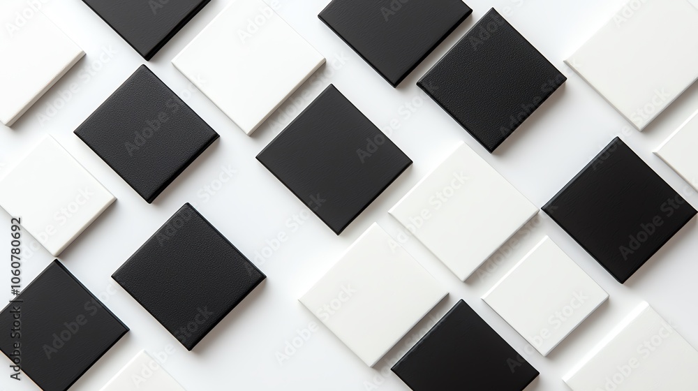 Poster abstract arrangement of black and white tiles on a surface, creating a modern and minimalist design 