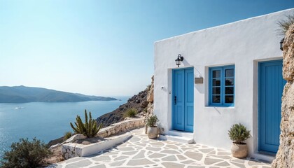 Fototapeta premium Charming white house with blue accents overlooking the serene sea.