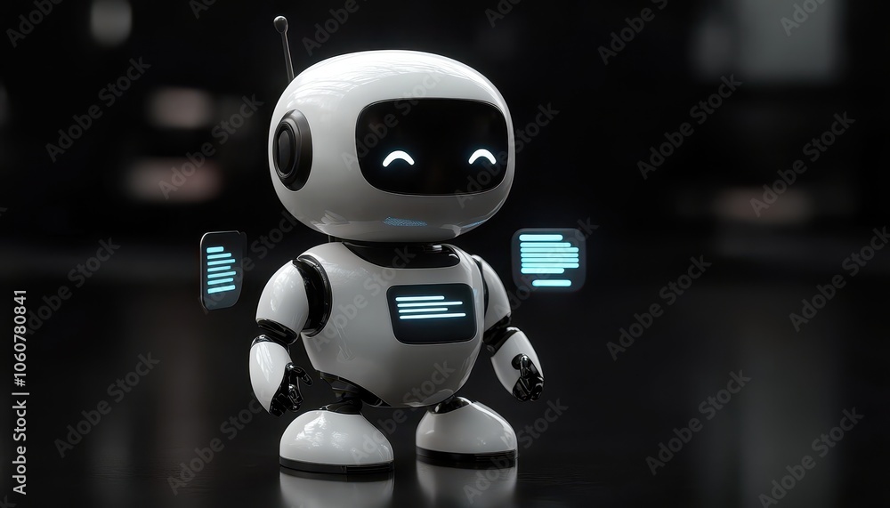 Poster smiling robot with speech bubbles displaying mock-up messages in a modern setting