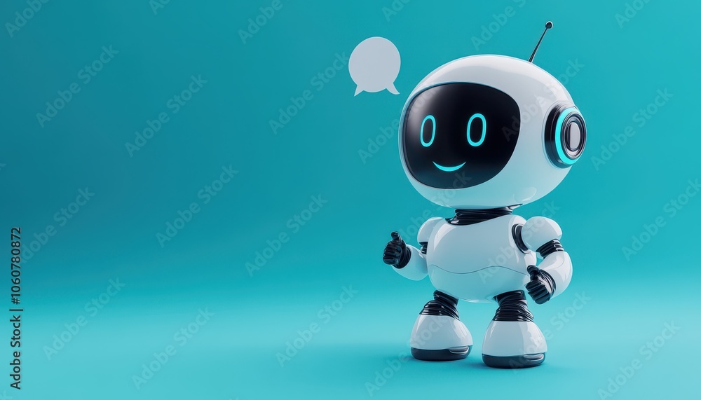 Poster smiling robot with text bubbles engaging in friendly conversation