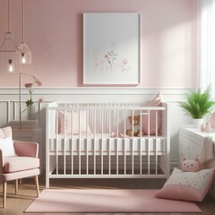 White crib or cot in an empty pink baby girl's room interior with armchair and lamp. Decorated minimalistic bedroom for a coming newborn infant female child.