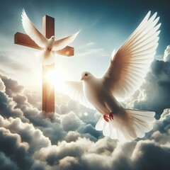 White dove bird symbolizing Holy Spirit flying near wooden cross in the heaven sky clouds with sunlight.