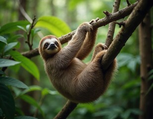Fototapeta premium Sloth hanging on a branch, surrounded by lush green foliage.