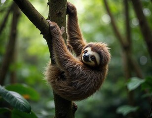 Fototapeta premium Sloth hanging on a tree branch in a lush green rainforest.