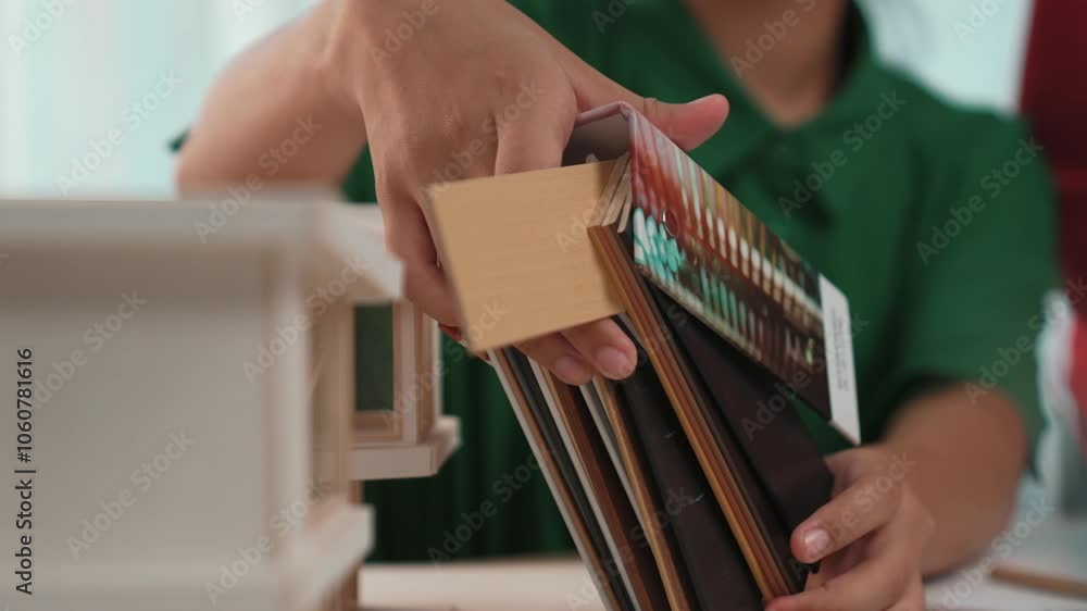 Poster slow motion home designer using architectural equipment draw a blueprint while interior designer sel