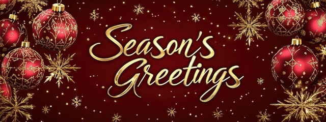 A luxurious Christmas banner in deep red and gold, sparkling ornaments and intricate snowflakes scattered along the edges, season's greatings background, Generative Ai 