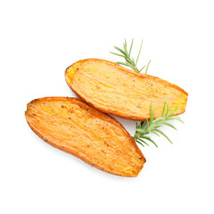 Halves of tasty cooked sweet potato and rosemary isolated on white, top view