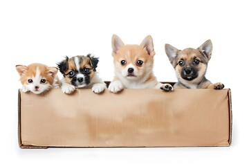 Adorable Pets Popping Out of a Box on white background