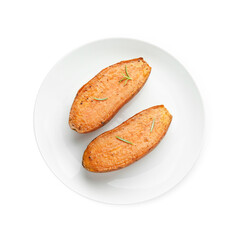 Halves of tasty cooked sweet potato with rosemary isolated on white, top view