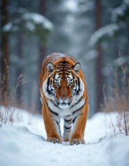 Obraz premium Majestic tiger walking through a snowy forest, showcasing a striking orange coat.