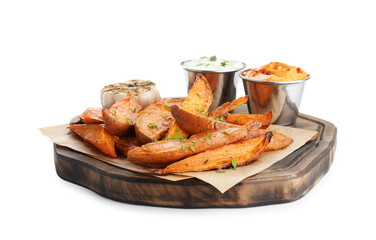 Tasty cooked sweet potatoes, sauces and garlic isolated on white