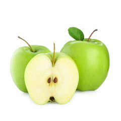 Whole and cut fresh green apples isolated on white