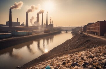 Fototapeta premium Industrial landscape with smokestacks and pollution near river at sunset