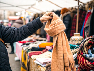 Fototapeta premium Close-Up of a Hand Browsing Vintage Clothing at a Flea Market, Exploring Textures and Colors of Secondhand Fashion