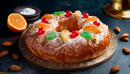 Traditional Roscón de Reyes decorated with candied fruit in green, red, and orange, almonds, and powdered sugar on an elegant dark background. Typical Spanish Epiphany dessert
