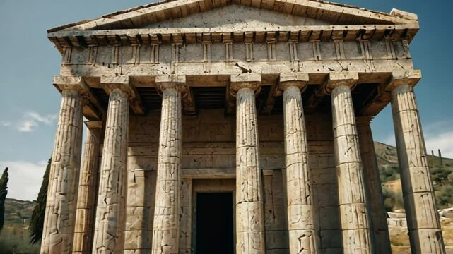 A classical Greek temple with marble columns, surrounded by olive trees and ancient ruins