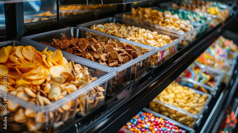 Poster tempting display of snacks in a self service store offers a wide variety of choices, catering to eve
