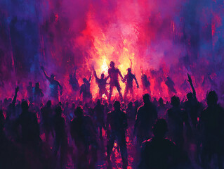 Naklejka premium a group of ghost dance, their skin glowing with a fiery hue, emerging from a fiery portal into a dark, foreboding landscape.