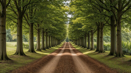 Obraz premium Tree-lined dirt road in forest during a sunny day, peaceful view