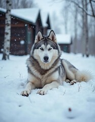 Naklejka premium Husky dog resting in the snow, peaceful winter scene with cabins in background.