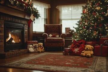 Warm Christmas scene featuring a fireplace, a decorated Christmas tree, presents on the floor, and teddy bears in a red bag beside a cozy chair.