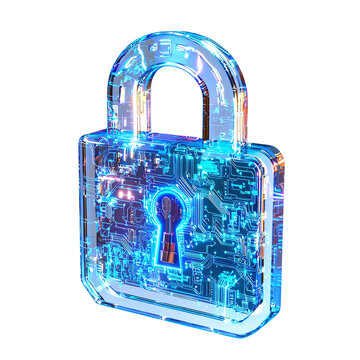 Futuristic digital padlock with illuminated circuit design, isolated on white background. transparent background