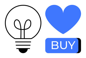 Lightbulb icon symbolizing innovation next to blue heart over BUY button. Ideal for marketing, e-commerce, innovation, advertising, business strategy, consumer behavior, product design. Line metaphor